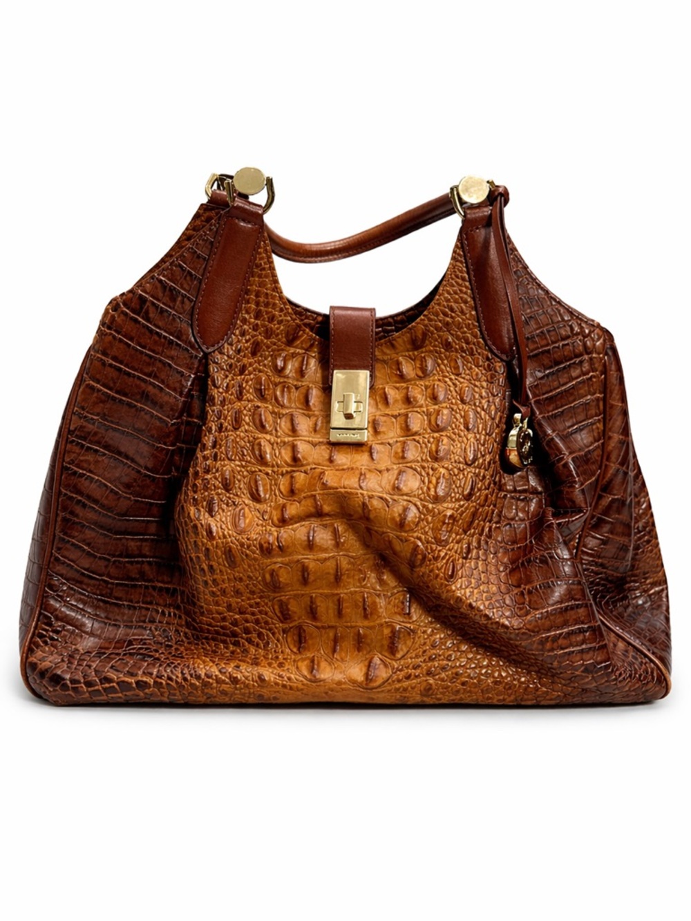 Brahmin Cognac Croc-Embossed Leather Tote with Gold Hardware